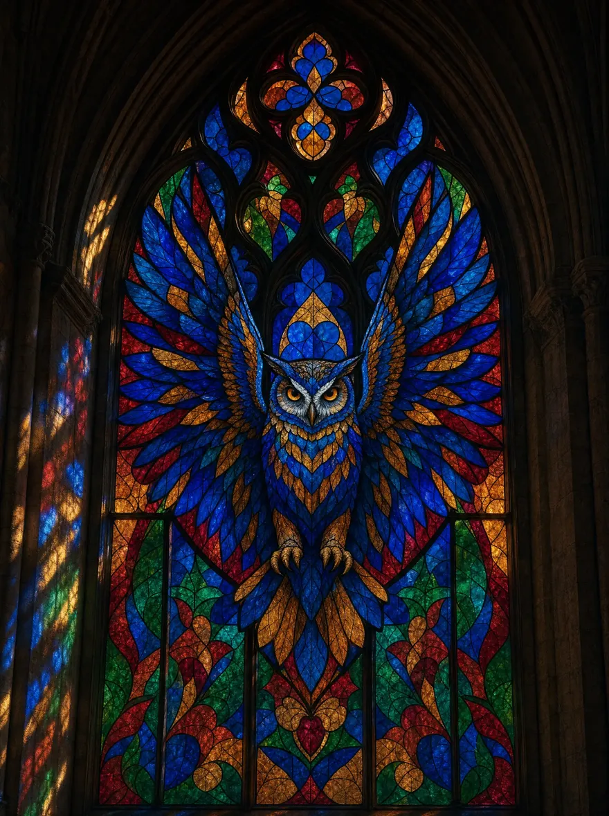 Stained-glass cathedral window of an owl with spread wings in cobalt, ruby, amber and emerald leaded glass, colored light spilling onto the stone beside it